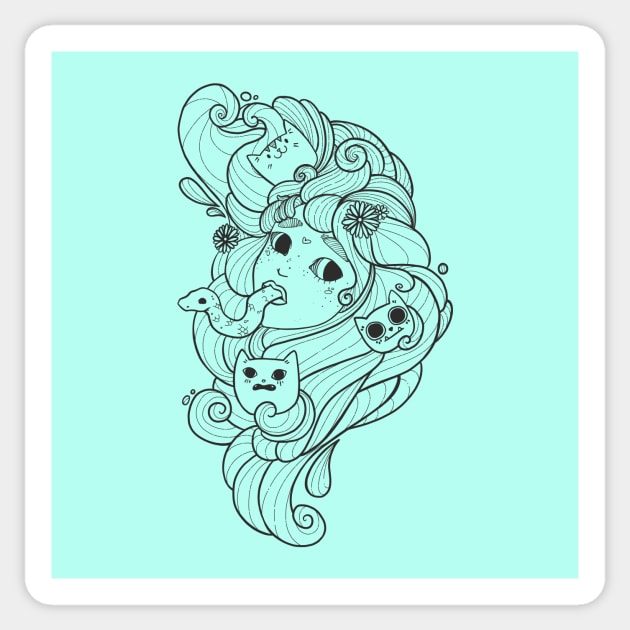 Girl Head With Cats And Snake Sticker by cellsdividing